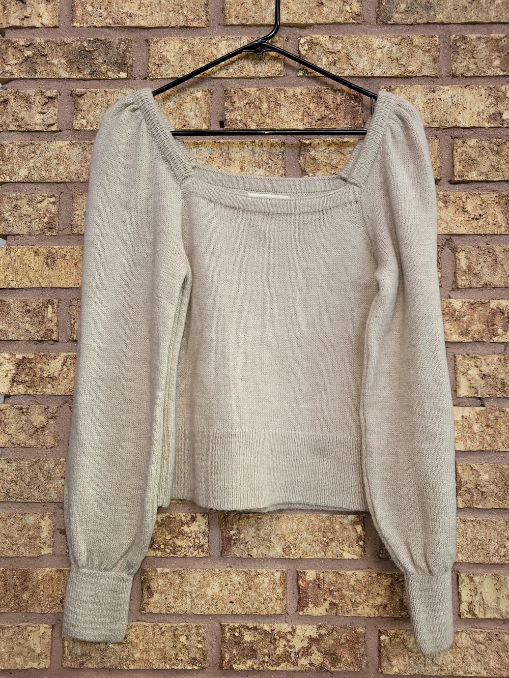 Anthropologie Square-Neck Puff Sleeve Beige Sweater Size Small